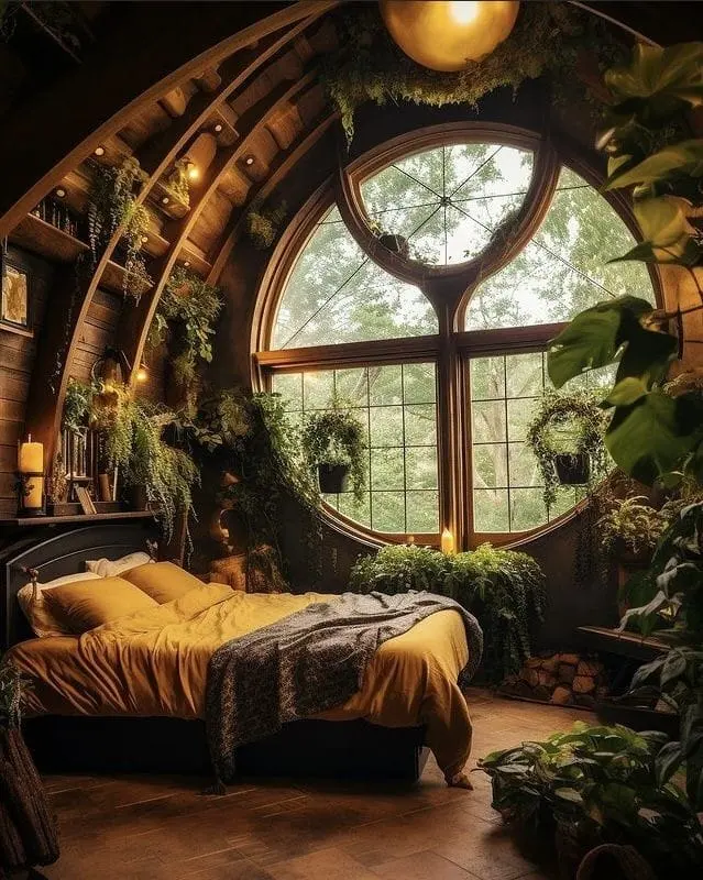 an upstairs bedroom with a beautiful round window and woodwork throughout