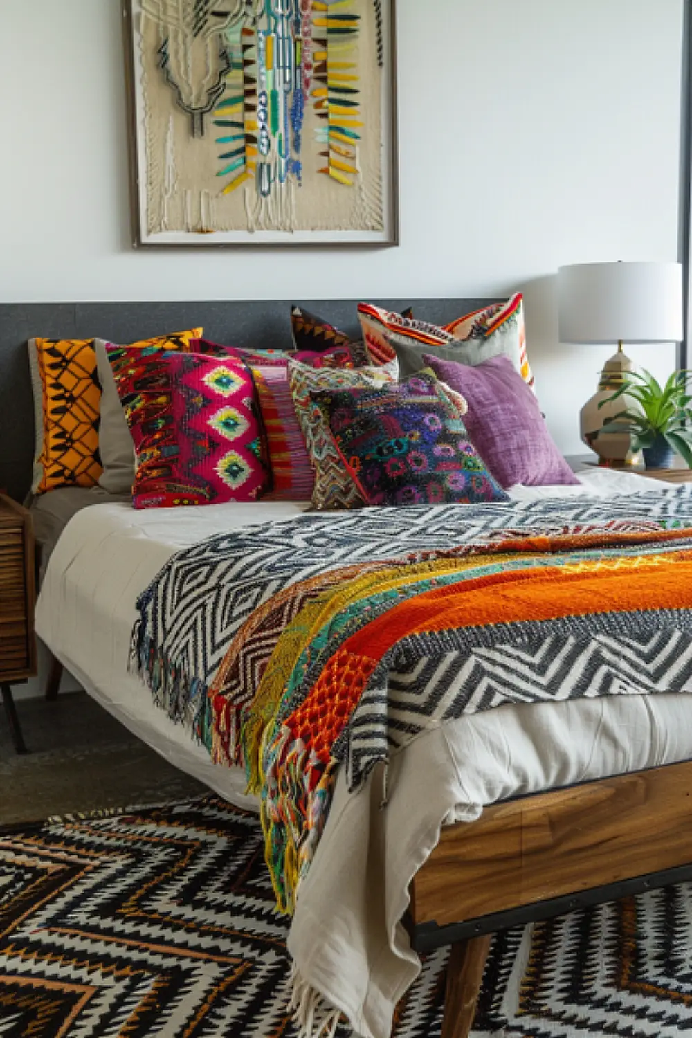 Bedroom with chevron patterns and vibrant throws