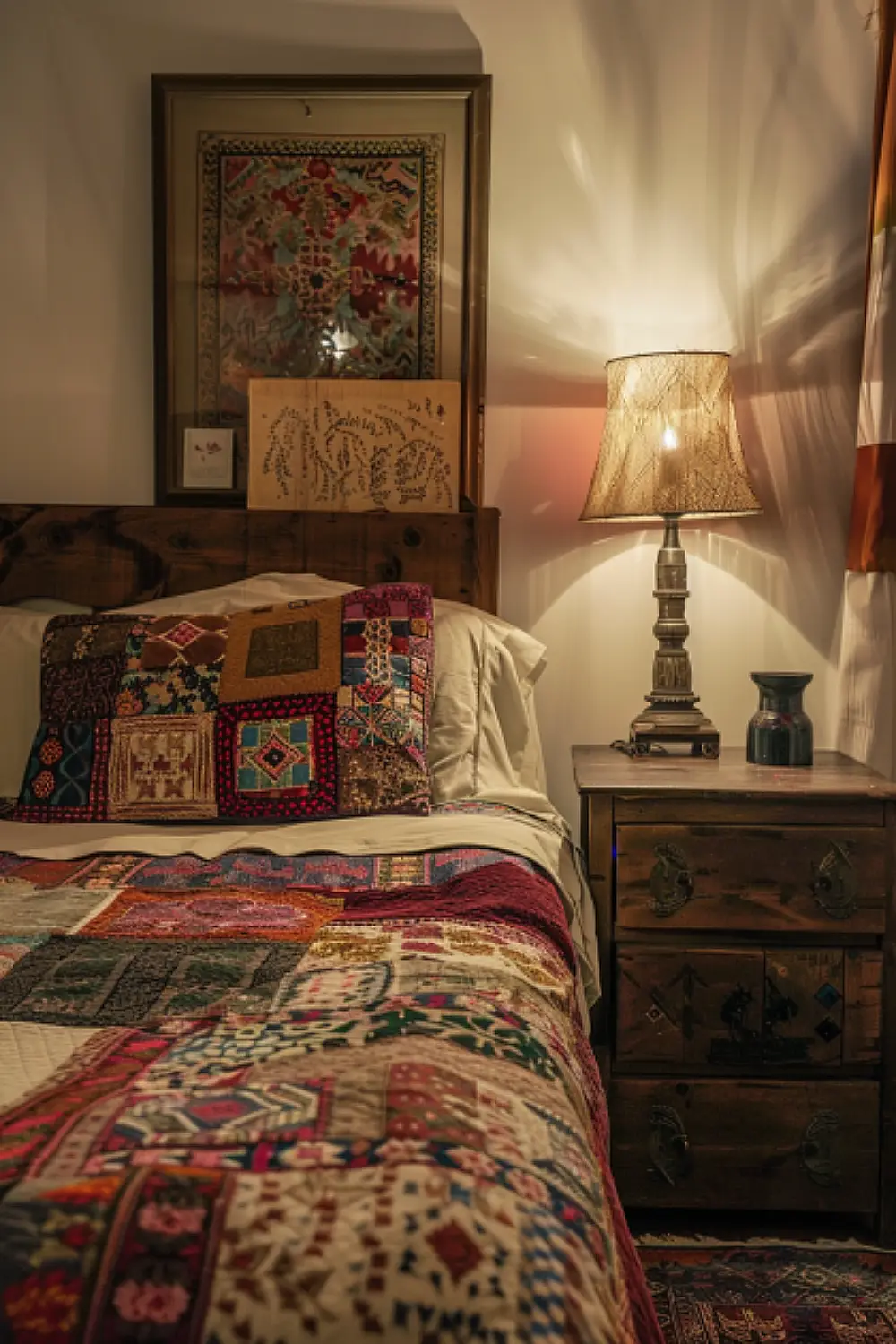 Bedroom with patchwork quilt and antique wood furniture