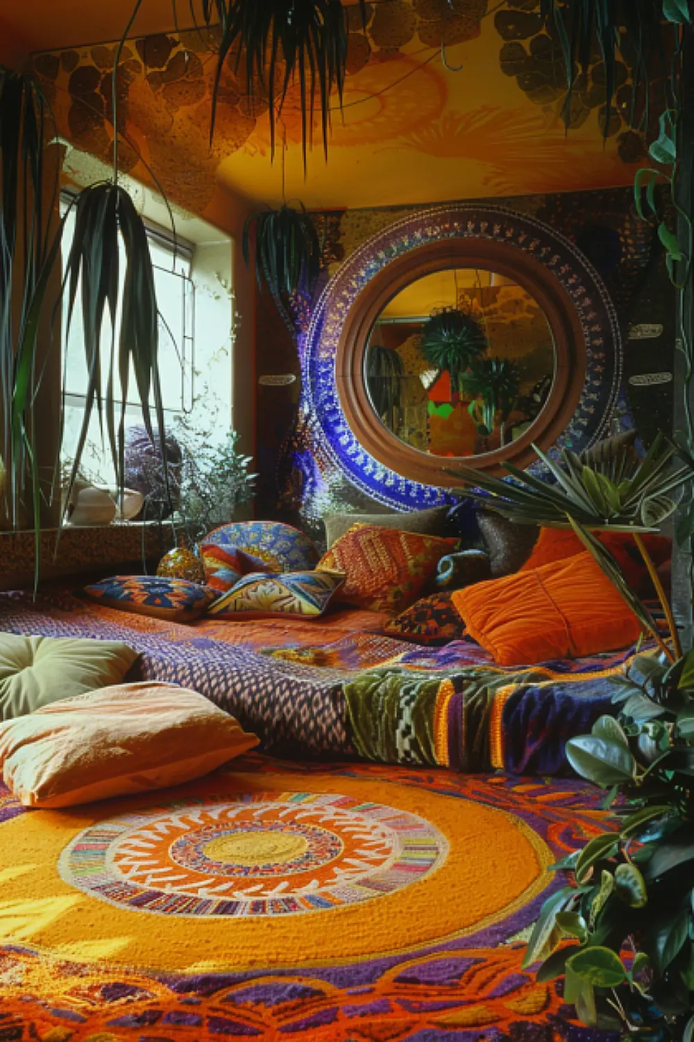 Bedroom with psychedelic patterns and round mirror