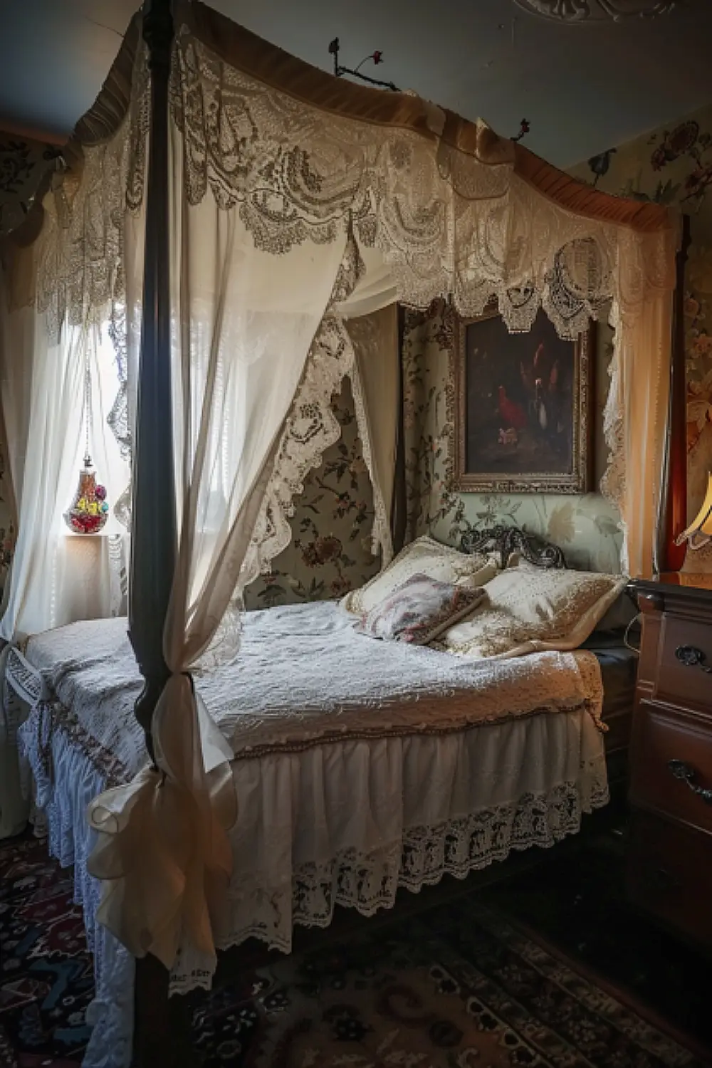 Bedroom with a boho canopy bed and lace curtains