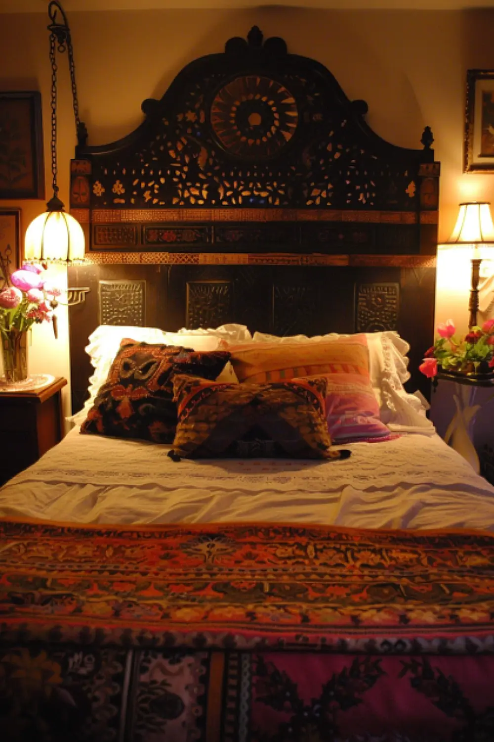 Bedroom with a statement headboard and luxe bedding
