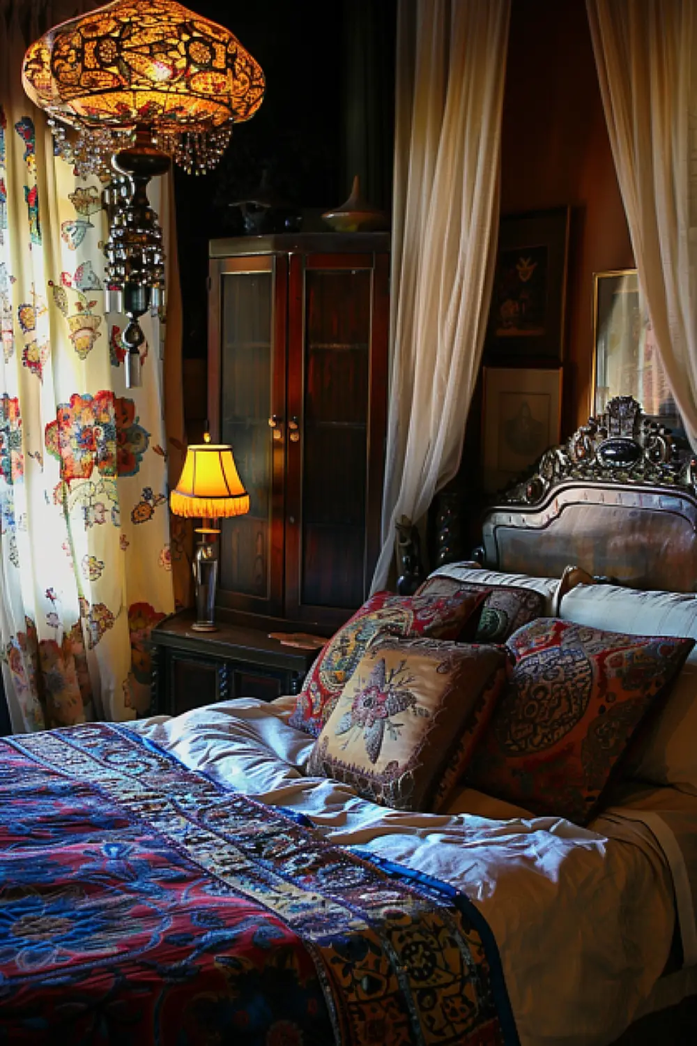 Boho bedroom with beaded curtains and jewel-toned accents