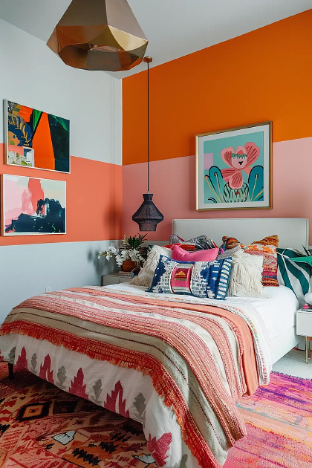 Boho bedroom with retro color block walls and modern art