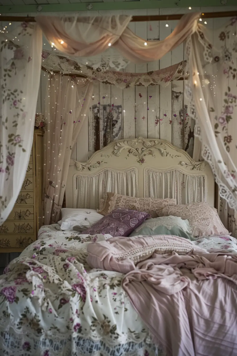 Dreamy boho bedroom with floral canopy and fairy lights