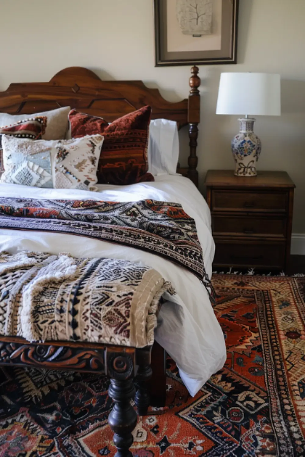 Boho bedroom with global fusion flair and vibrant throws