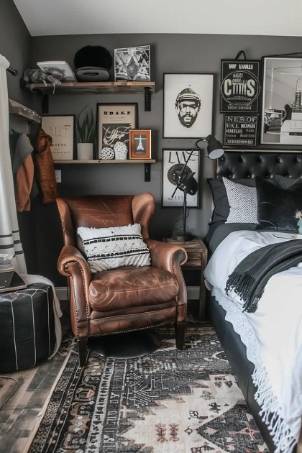Grunge-style boho bedroom with industrial and leather elements