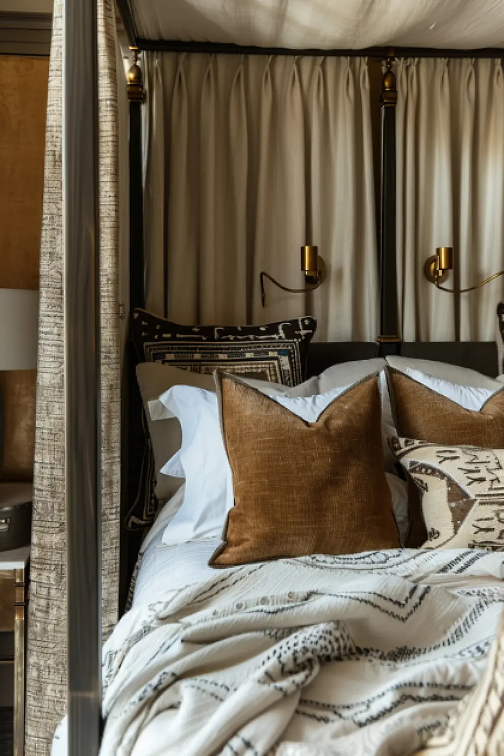 Opulent boho bedroom with ochre accents and luxe textures