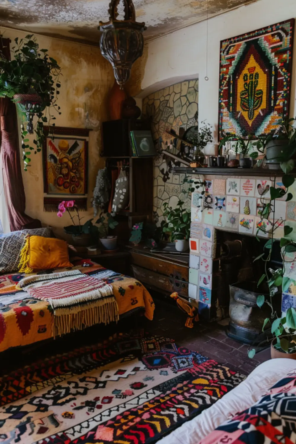 Artsy mosaic fireplace in boho bedroom