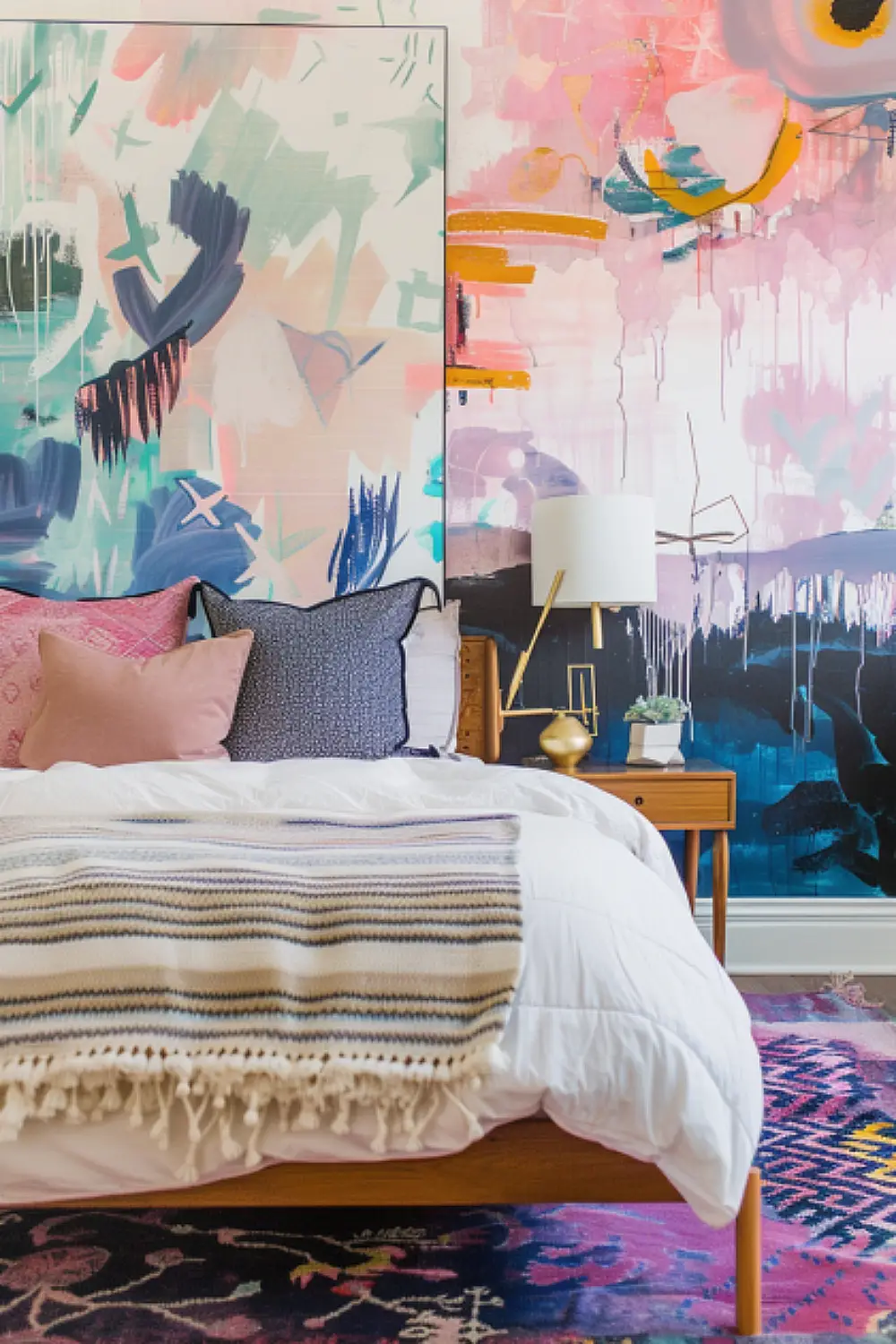 Boho bedroom with abstract art wallpaper