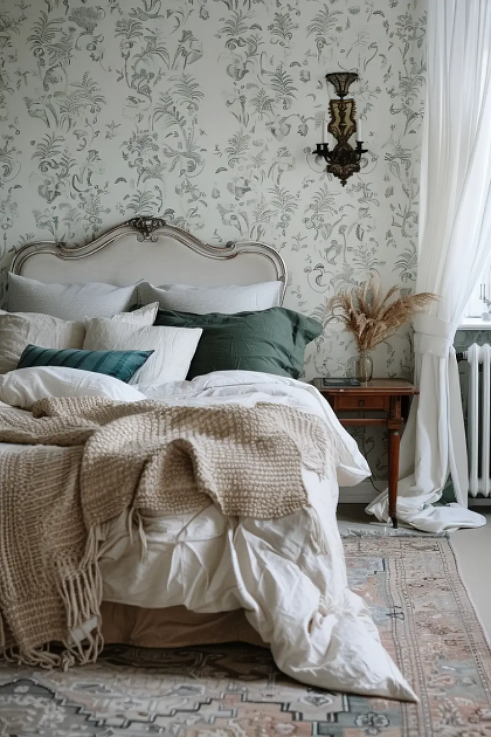 Art Nouveau wallpaper in an elegant boho bedroom