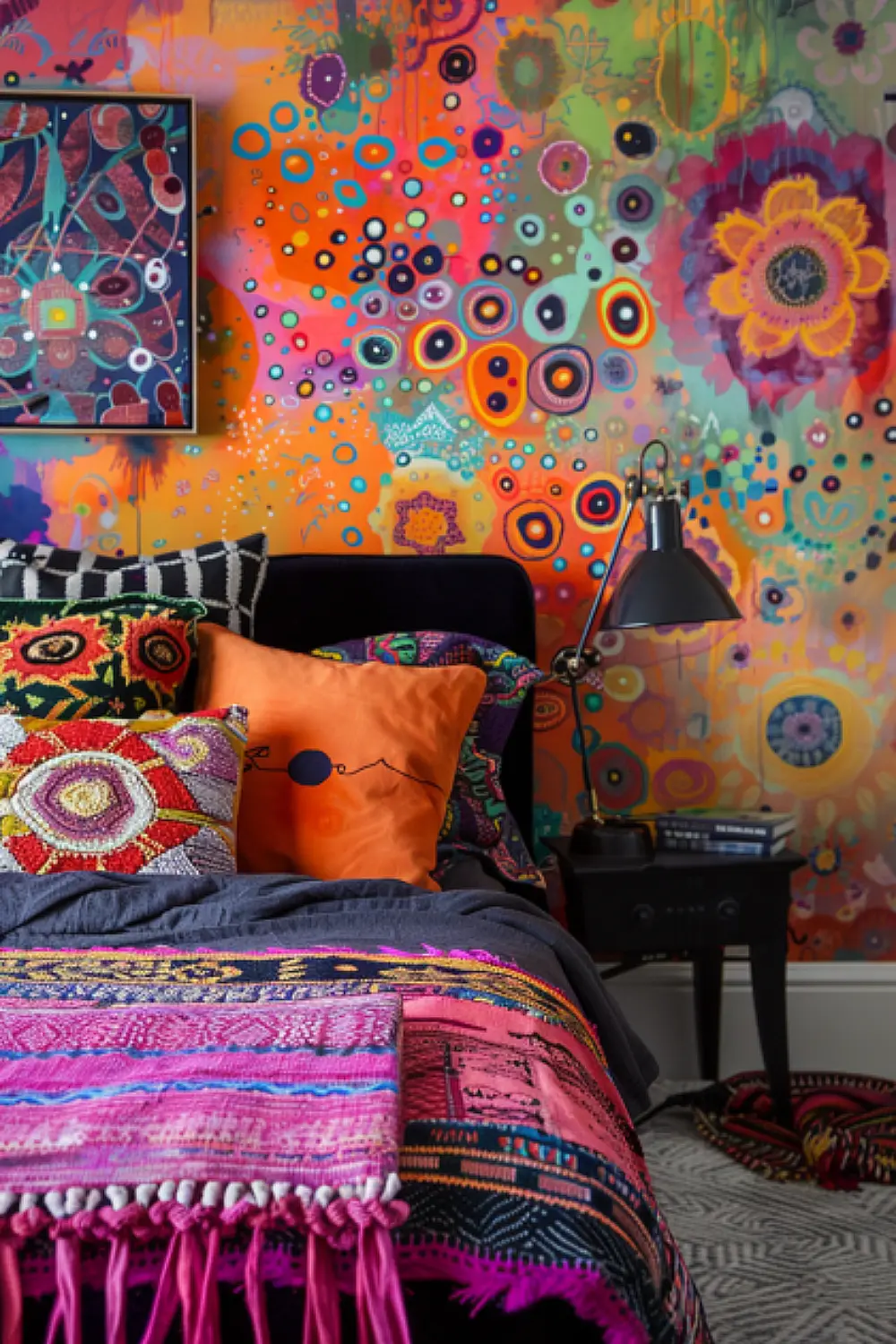 Avant-garde splash wallpaper in a bold boho bedroom
