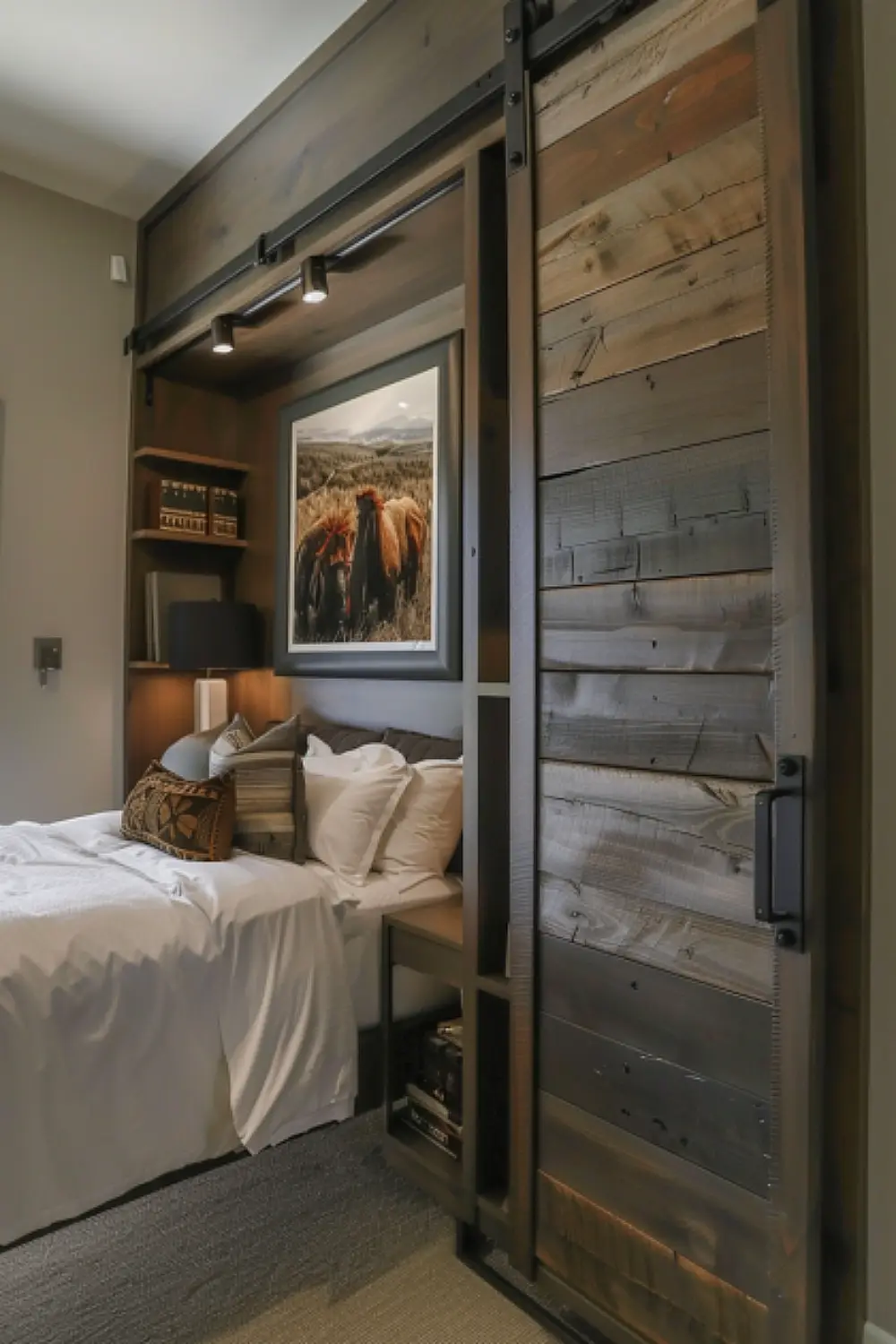 Bedroom with sliding barn door cabinet