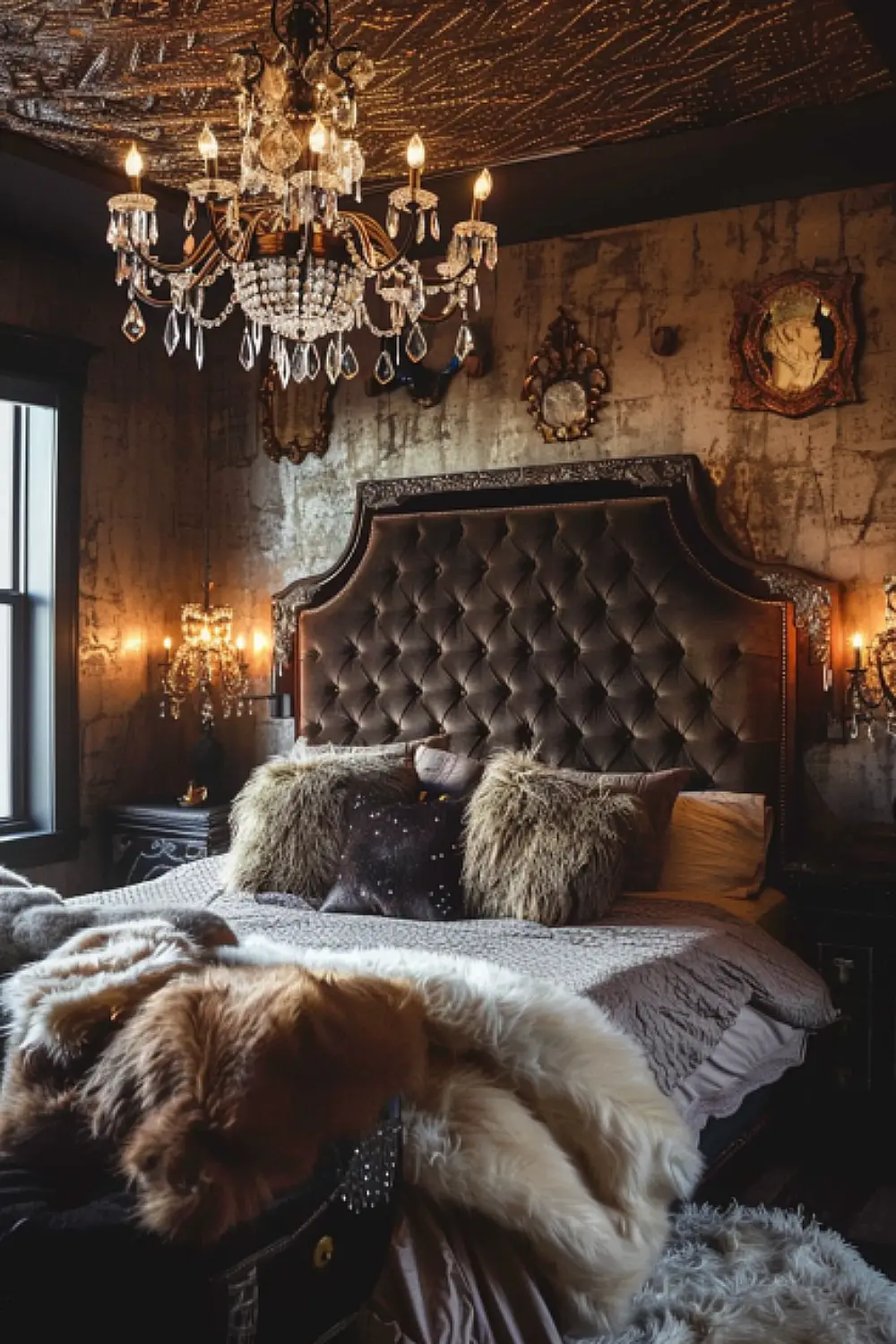 Boho glam bedroom with crystal lights and luxurious textures