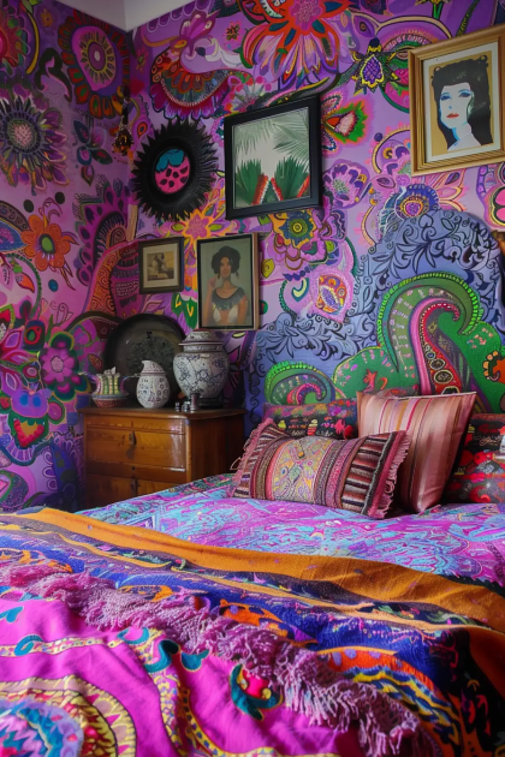 Bright paisley wallpaper in a boho bedroom