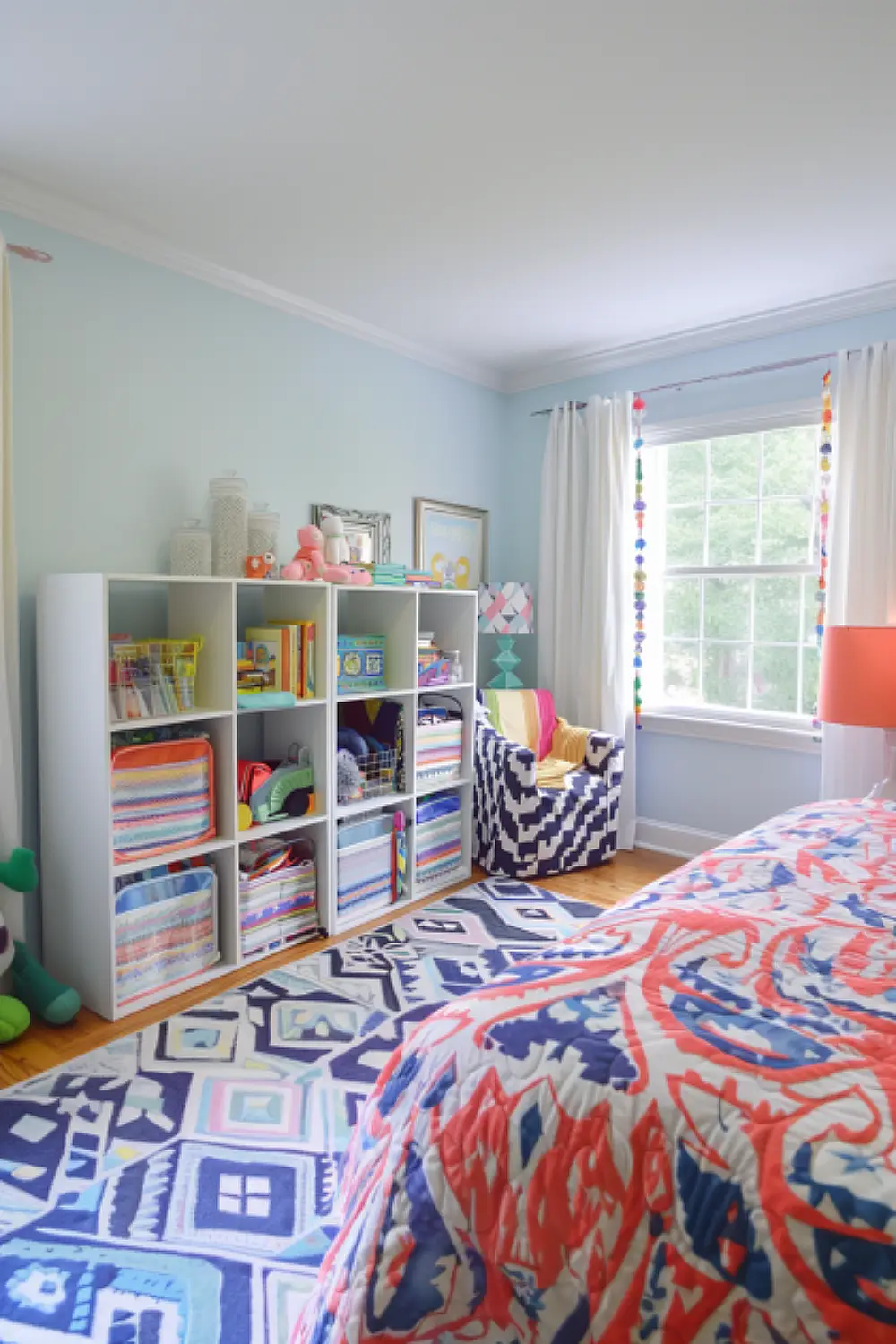 Bedroom with boho bookcase and fabric bins