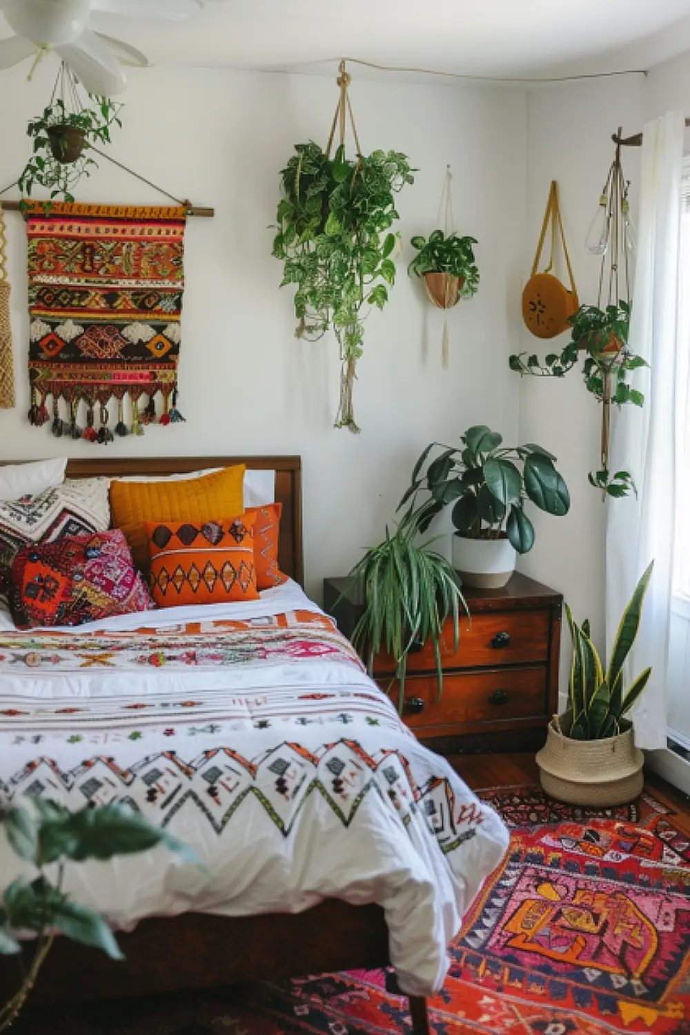 Bright Aztec rug in a minimalist boho bedroom