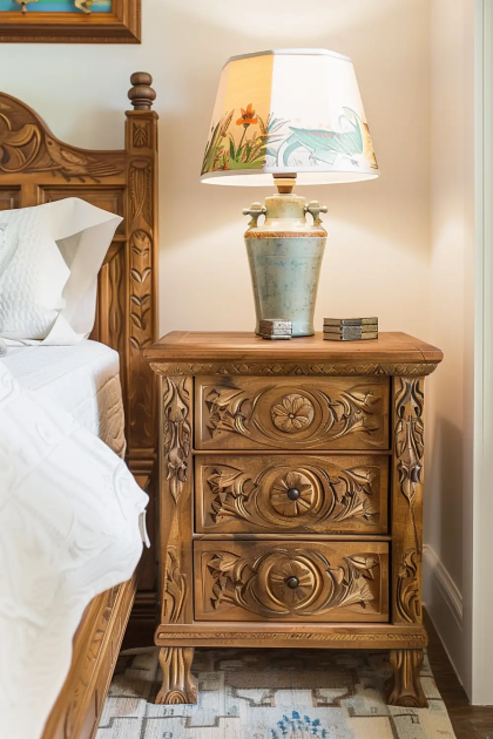 Bedroom with carved wood nightstand