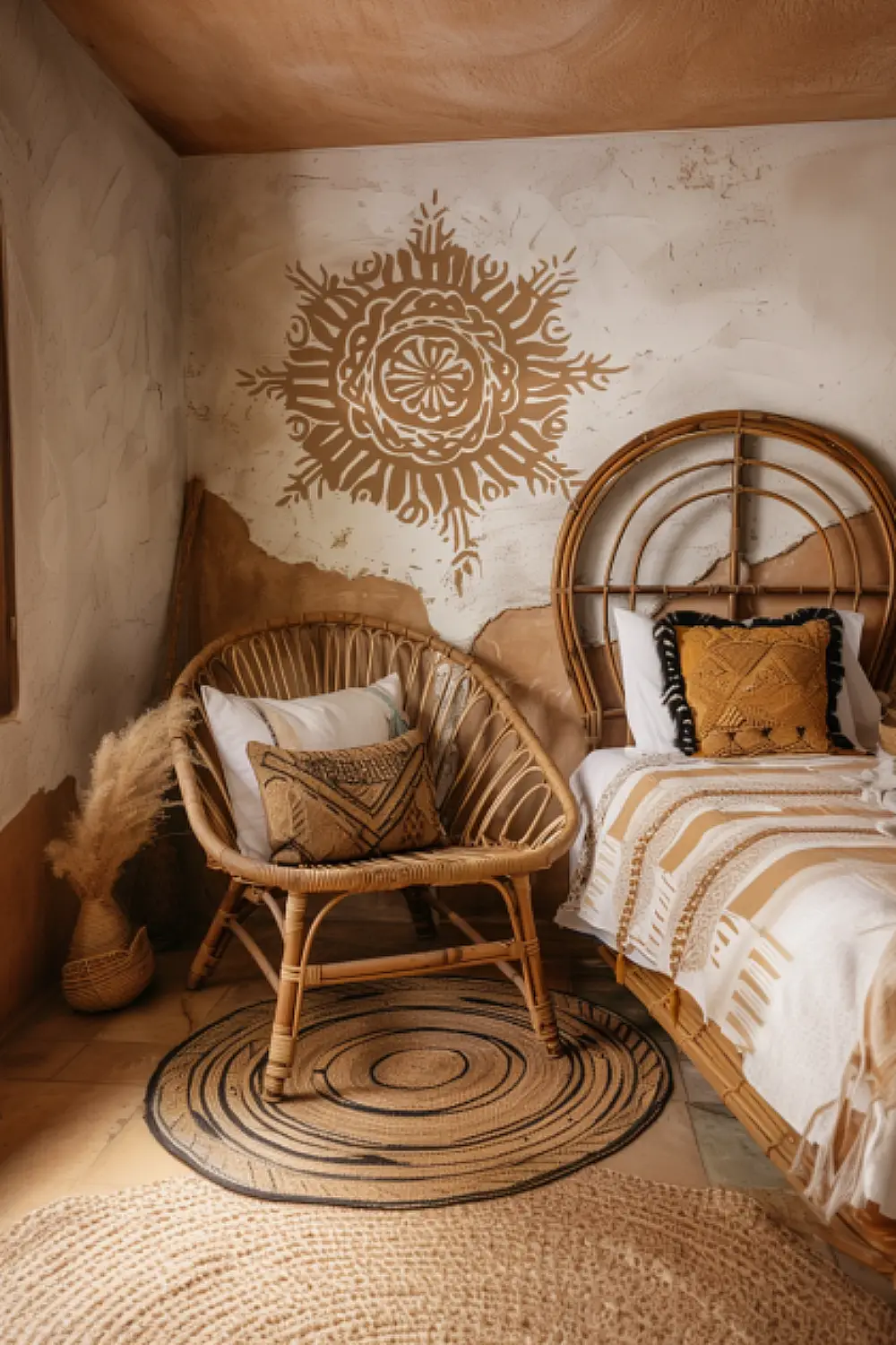 Circular jute rug in an earthy boho bedroom