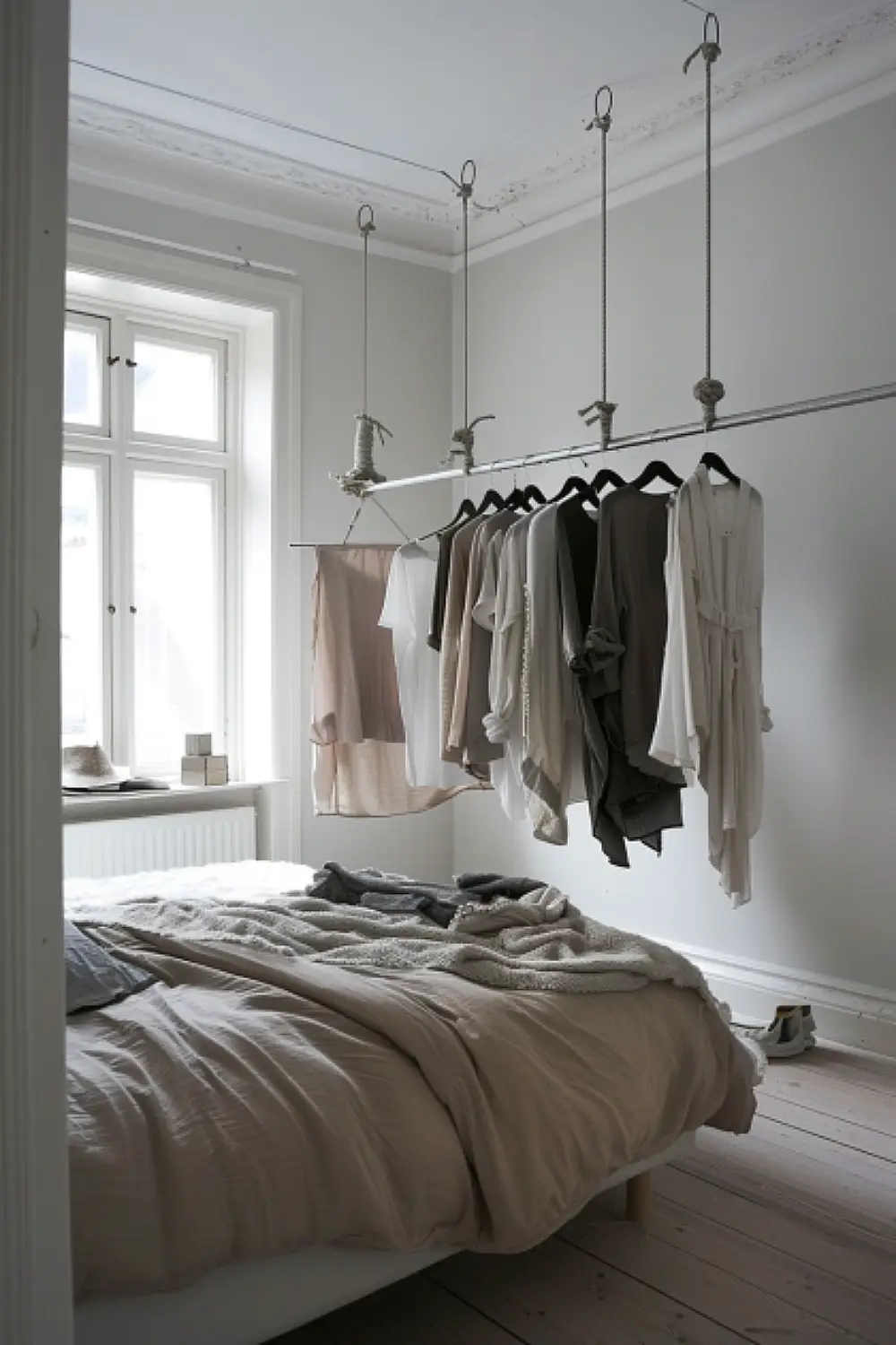 Bedroom with ceiling-hung clothing rack