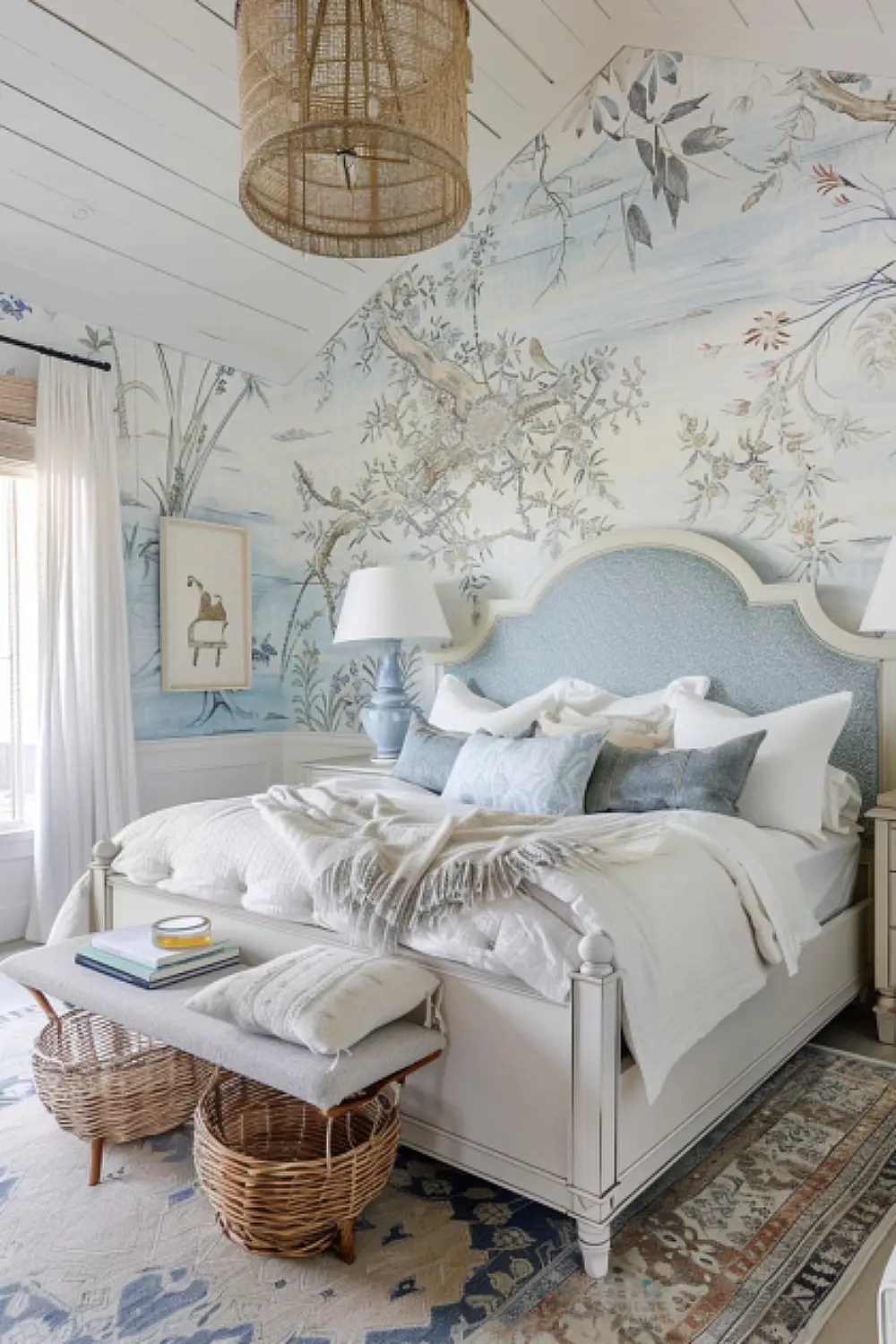 Coastal wallpaper in a serene boho bedroom