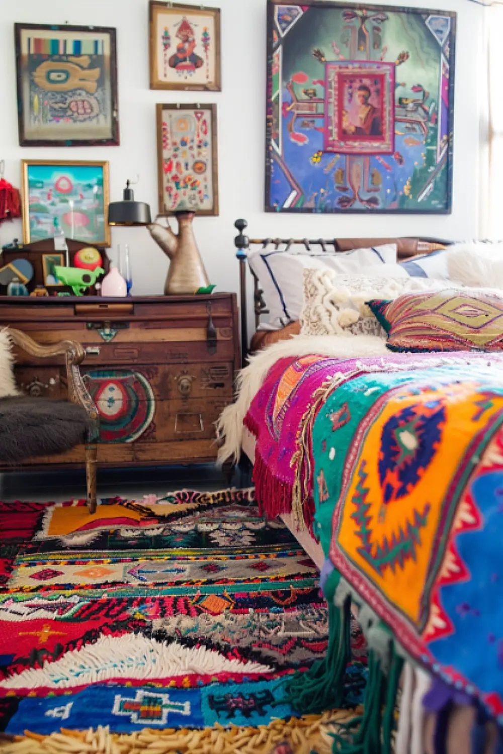 Vibrant boho bedroom with colorful Turkish patchwork rug