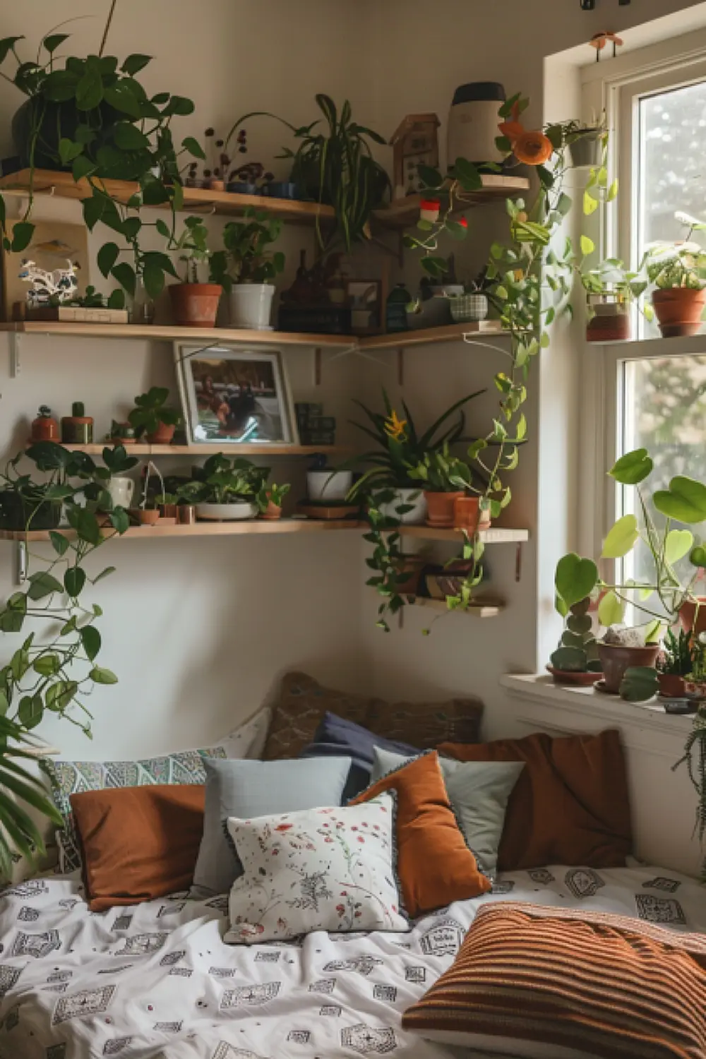 Bedroom with corner shelving unit