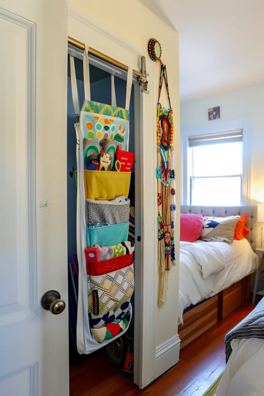 Bedroom with over-the-door pocket organizer