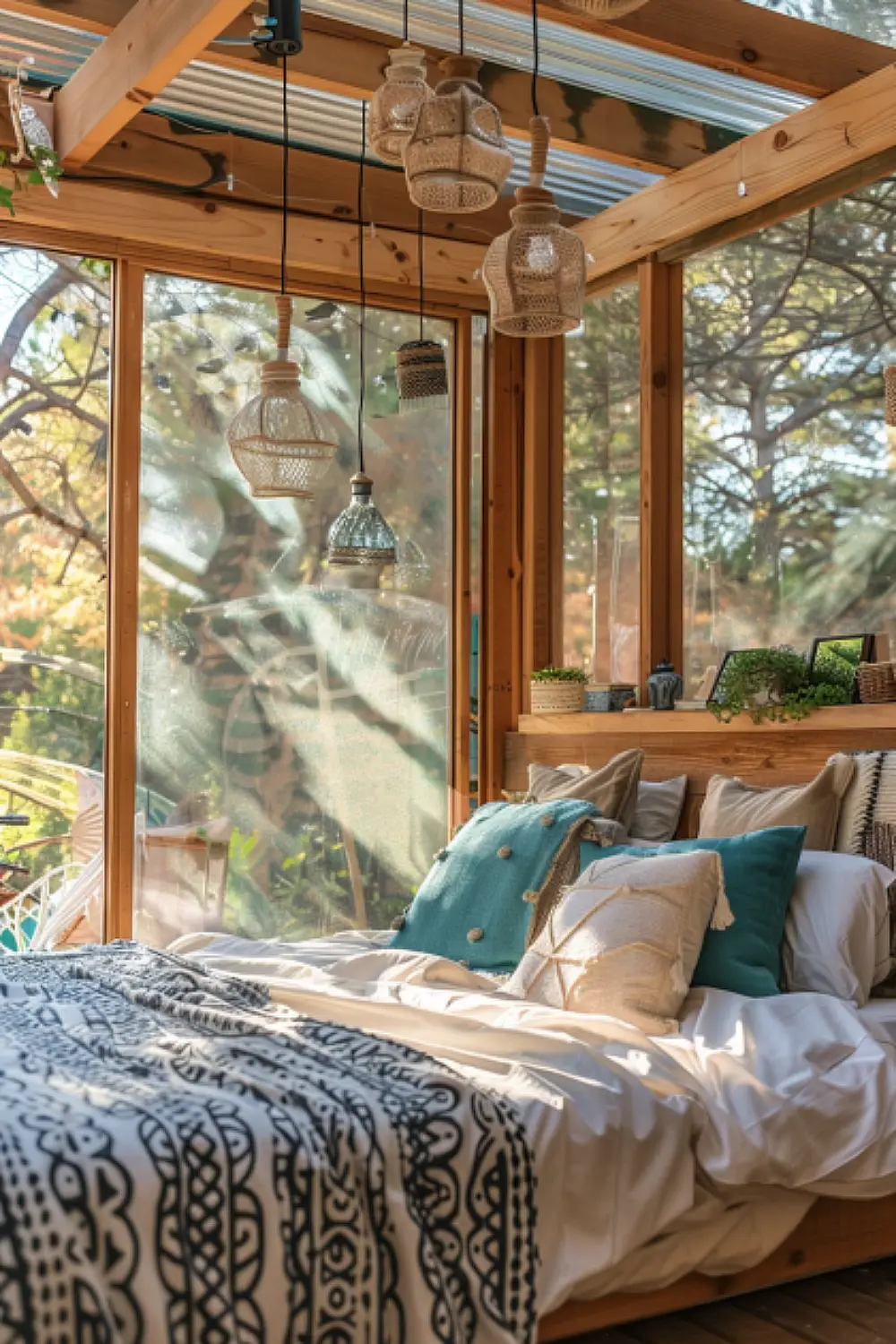 Eco-friendly boho bedroom with solar-powered lights and recycled materials