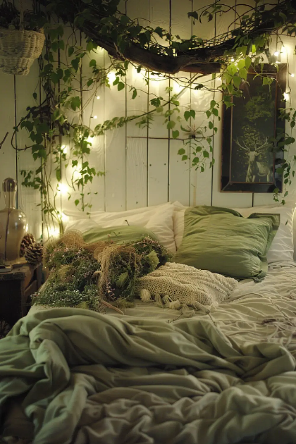 Enchanted forest-themed boho bedroom with vine lights and green bedding
