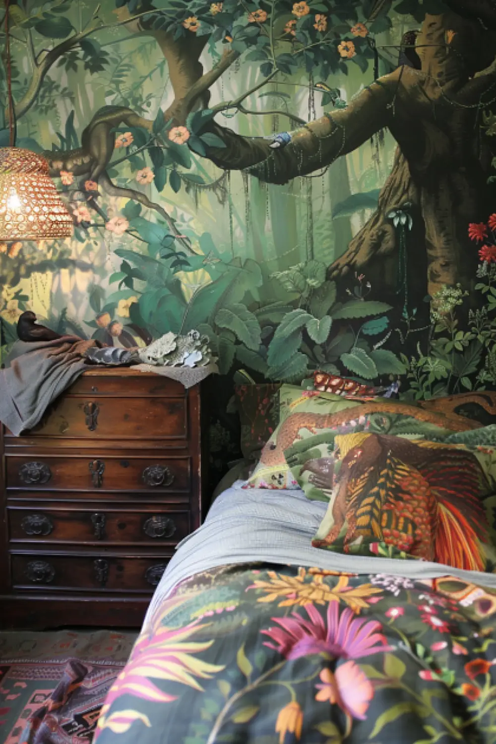 Enchanted forest wallpaper in a mystical boho bedroom