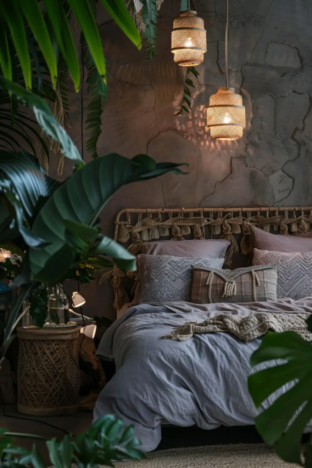 Exotic boho bedroom with bamboo lights and tropical plants