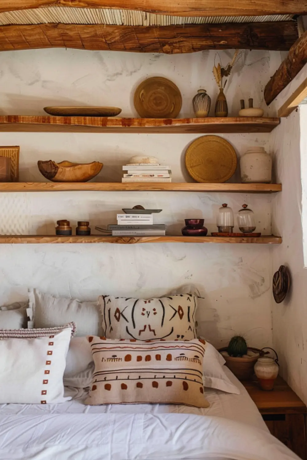 Bedroom with floating wooden shelves