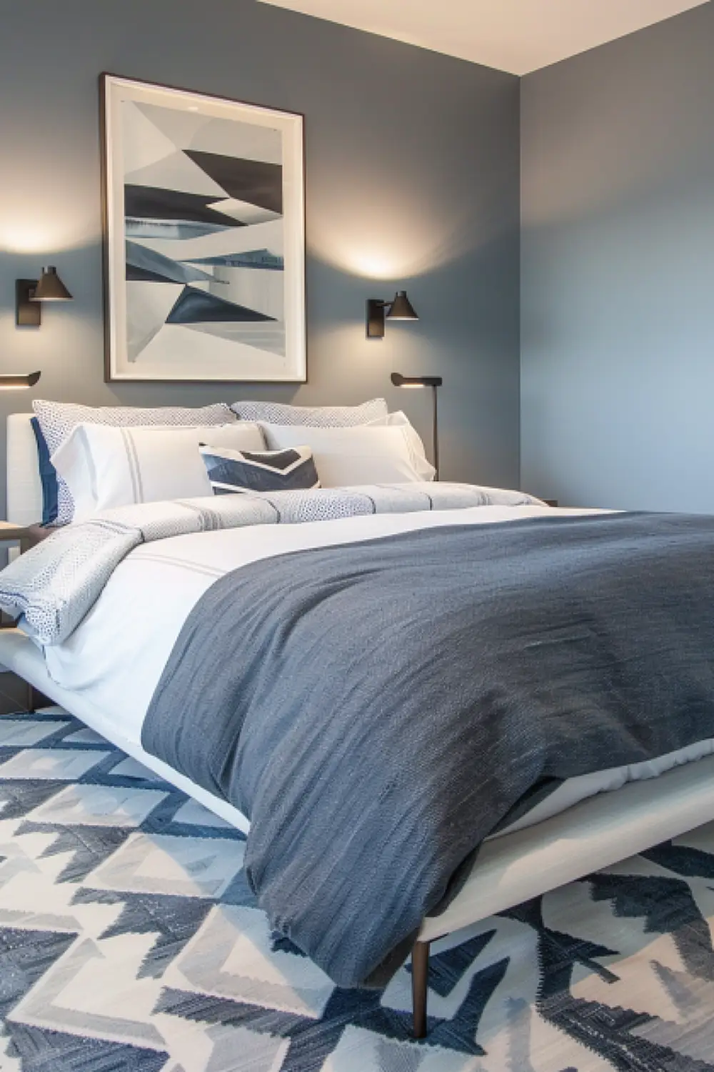 Contemporary boho bedroom with geometric wool rug