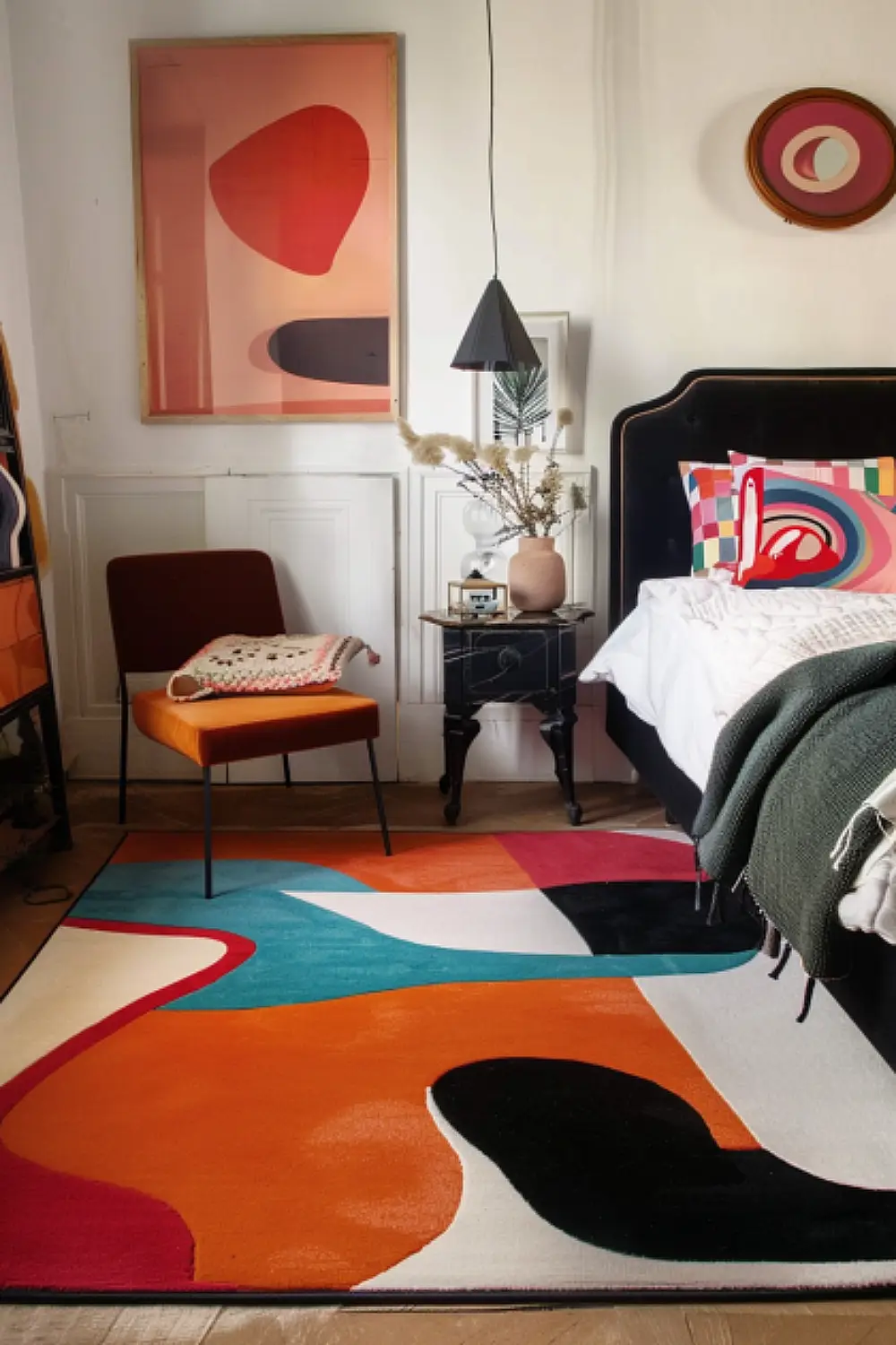 Artistic boho bedroom with graphic print flat rug