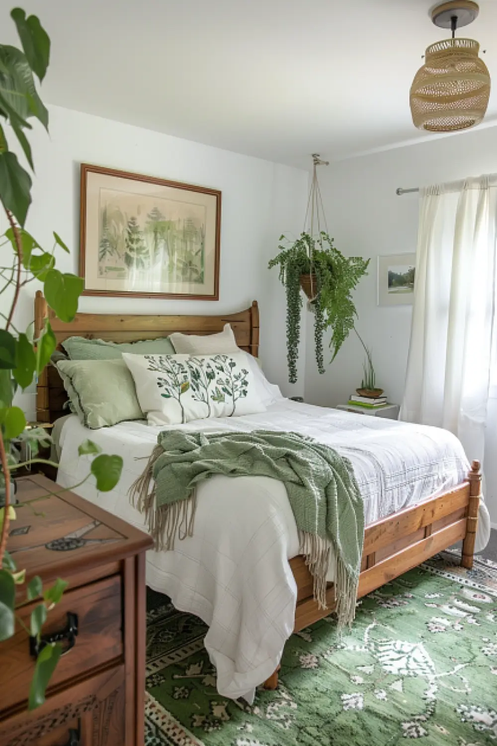 Fresh boho bedroom with green flatweave rug