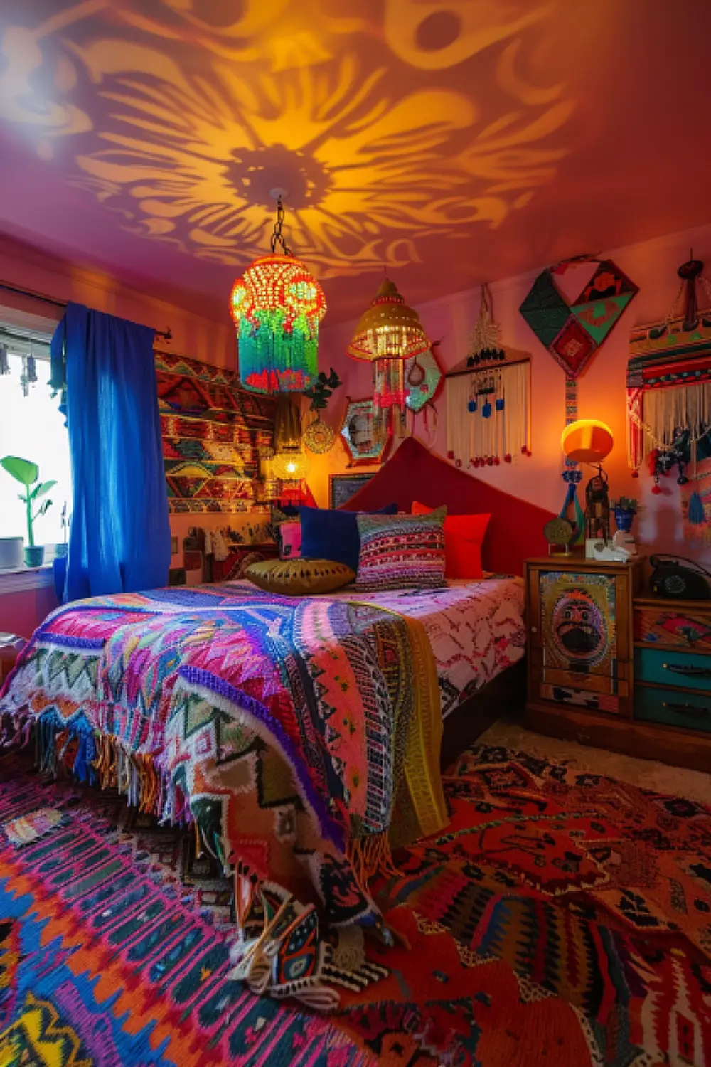 Gypsy boho bedroom with colorful beaded lights and vibrant rugs