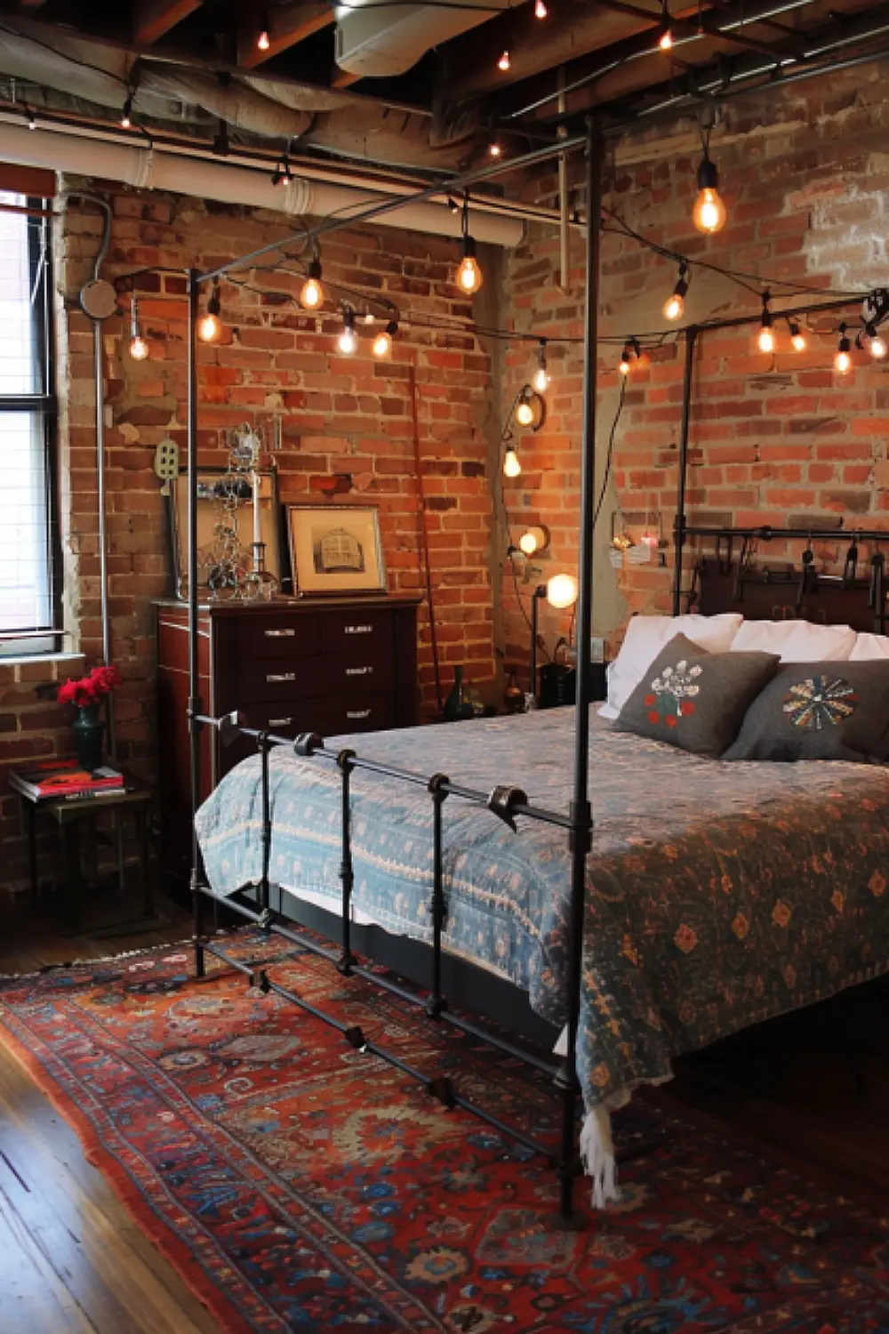 Industrial chic boho bedroom with Edison bulbs and brick wall