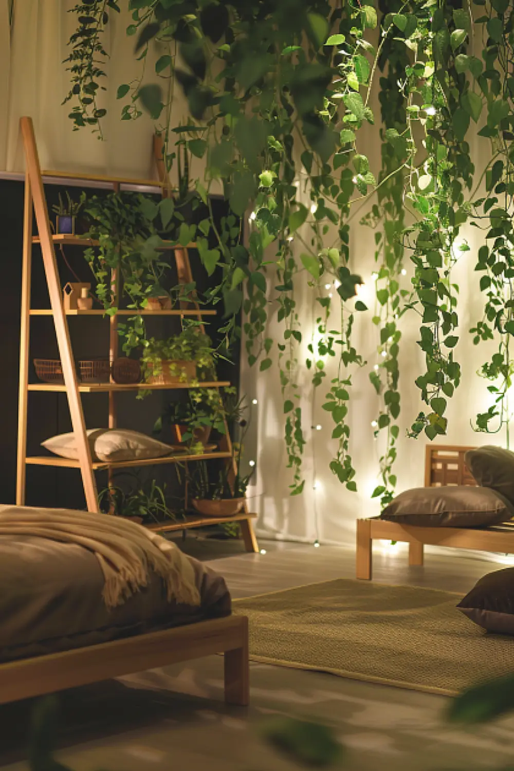 Bedroom with ladder shelving unit