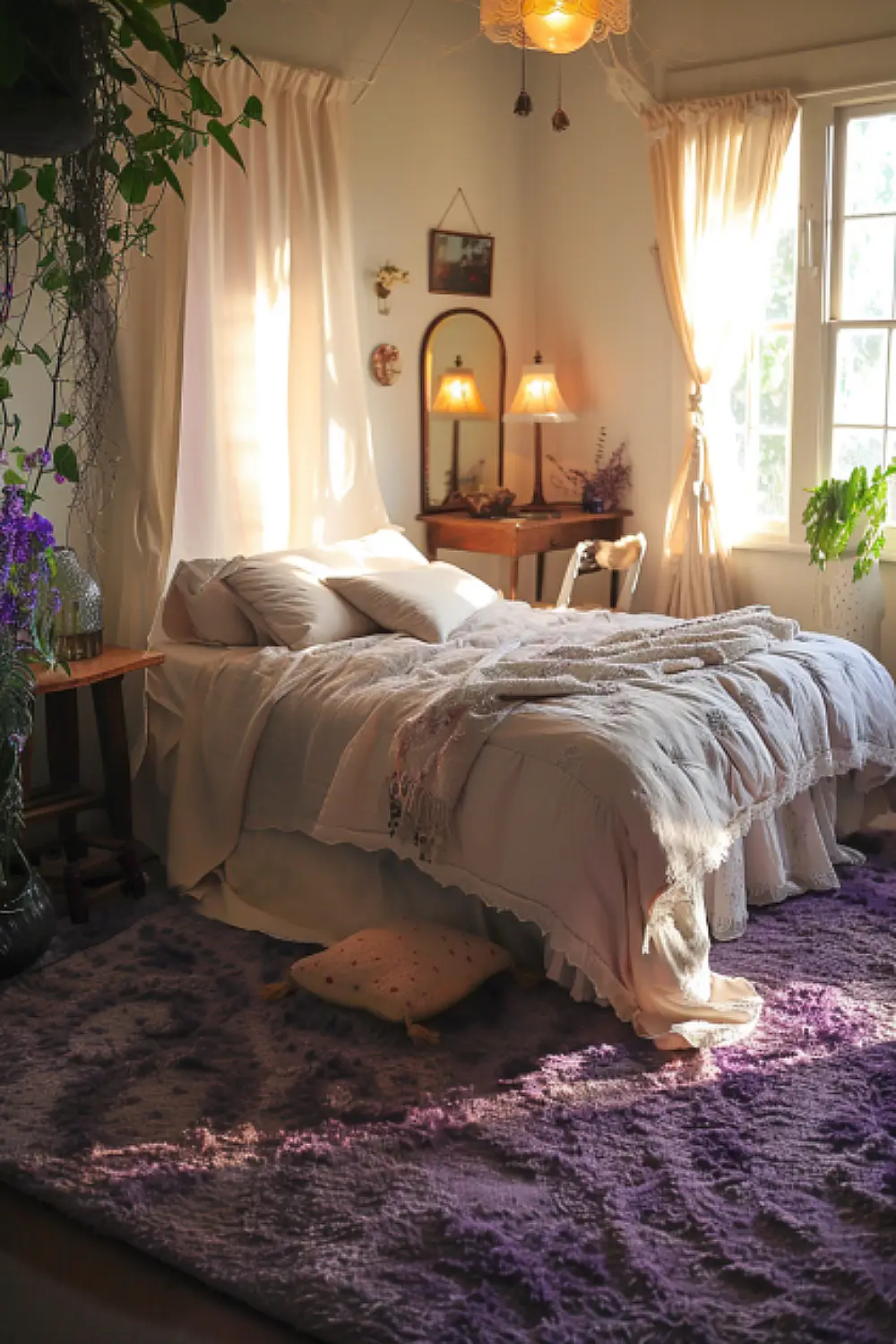 Calming boho bedroom with lavender tufted rug