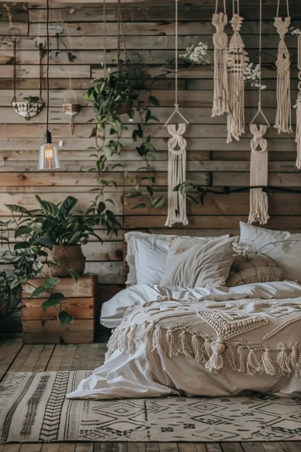 Bedroom with hanging macrame organizers