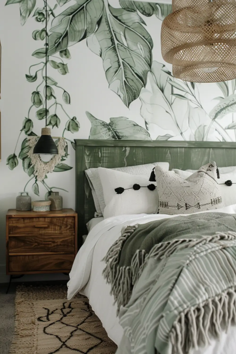 Minimalist botanical wallpaper in a soothing boho bedroom