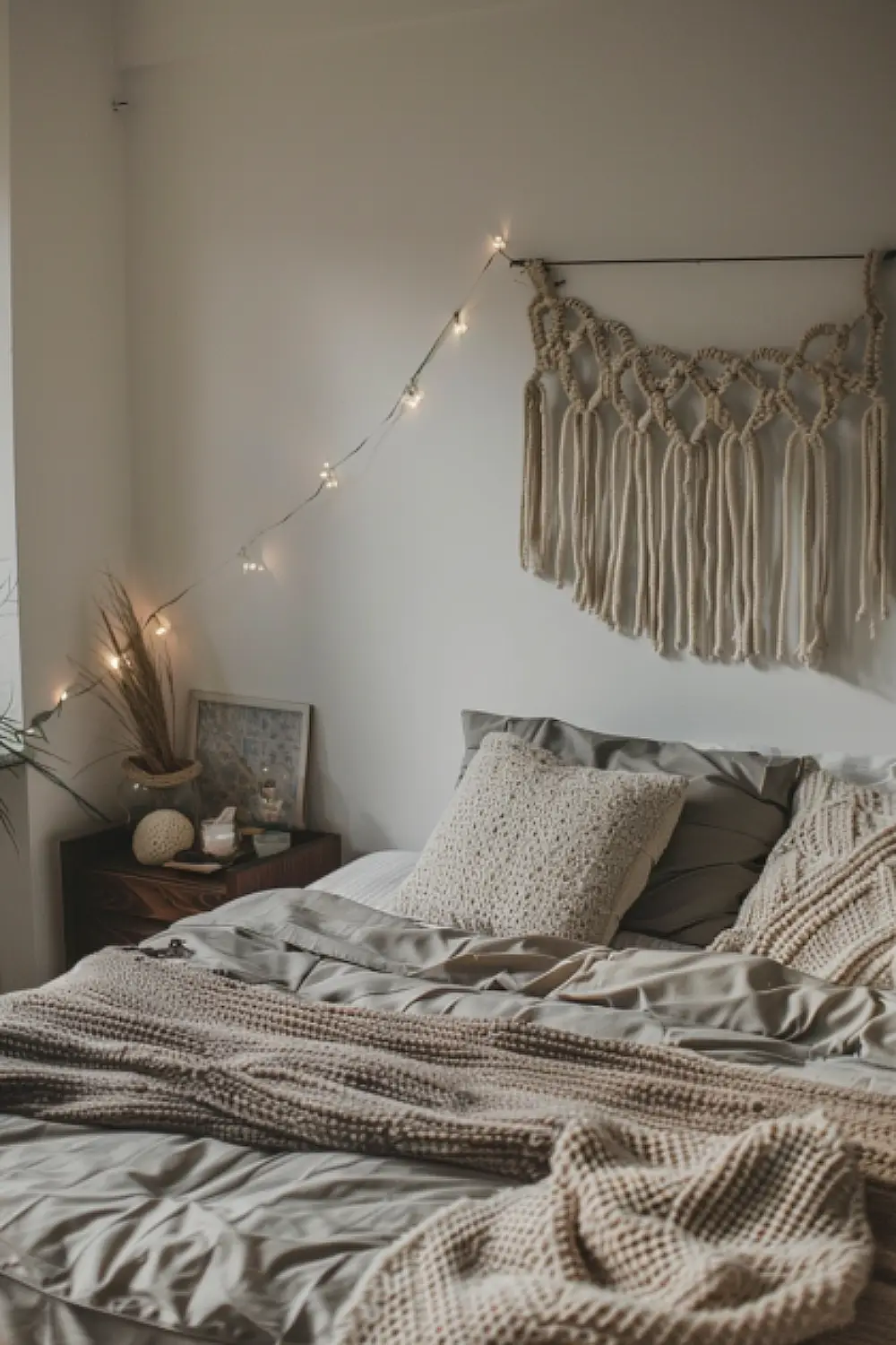 Minimalist boho bedroom with macramé and string lights