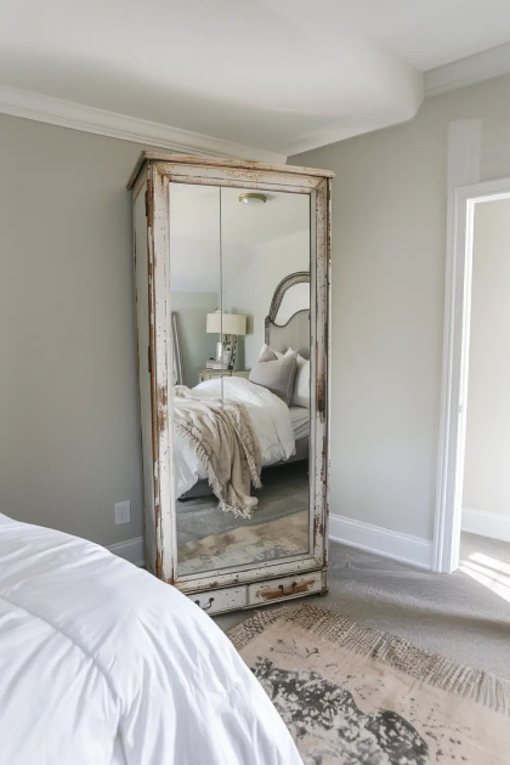 Bedroom with antiqued mirror cabinet
