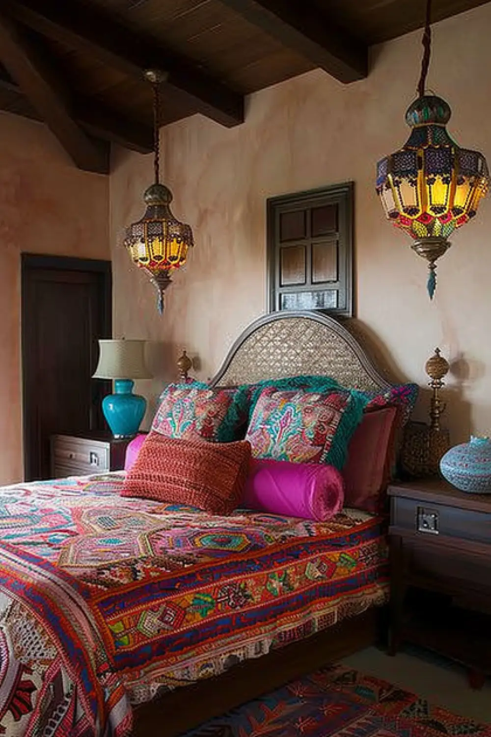 Moroccan-style boho bedroom with colorful lanterns and bold bedding