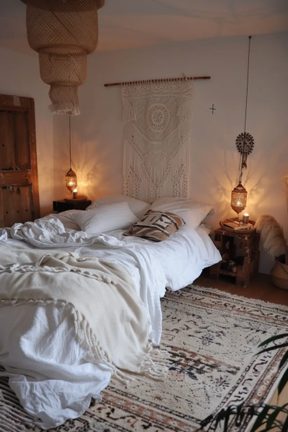 Boho bedroom with Moroccan patterned rug and wooden accents
