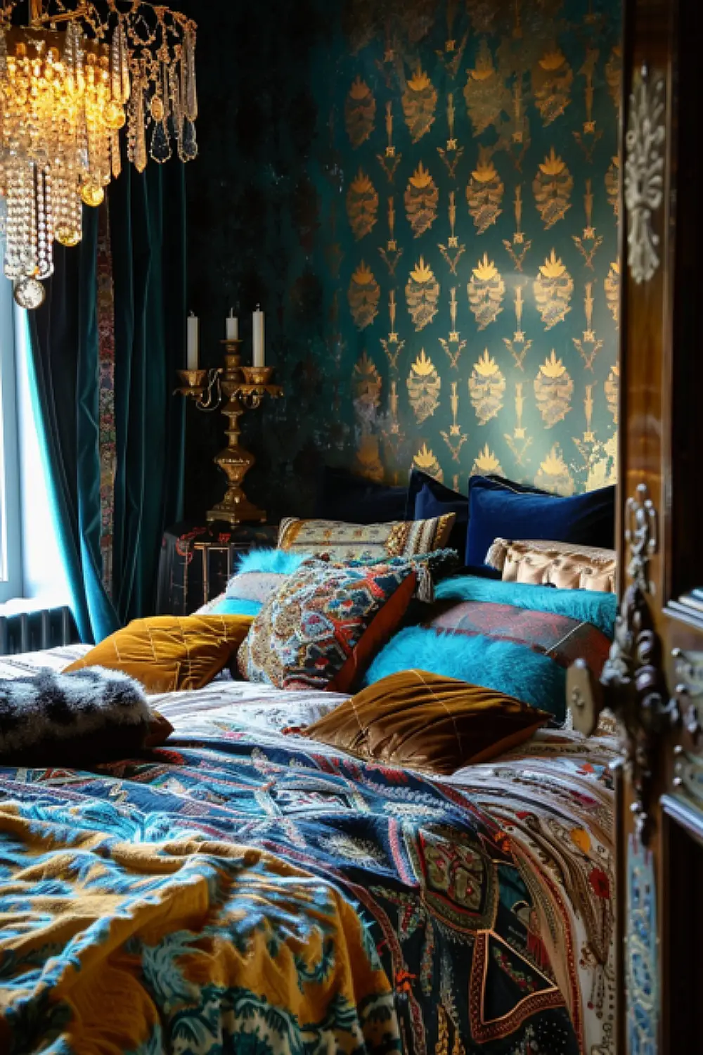 Moroccan pattern wallpaper in a luxurious boho bedroom