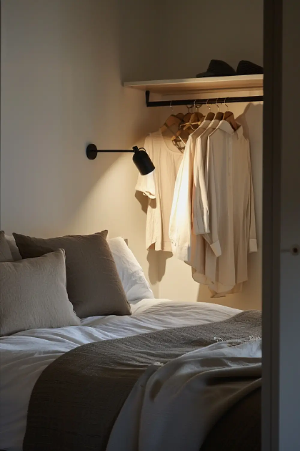 Bedroom with open wardrobe system