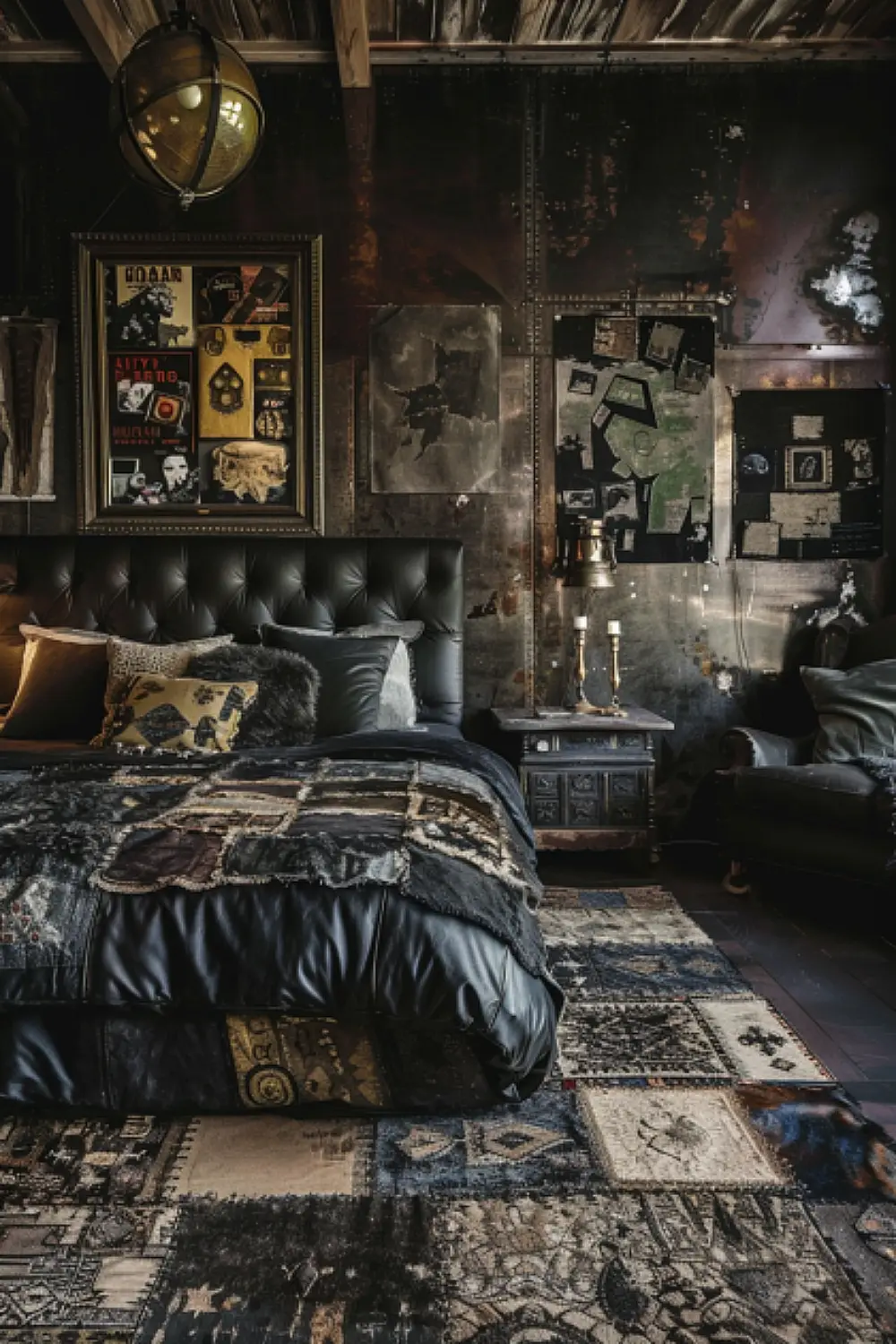 Industrial boho bedroom with patchwork leather rug