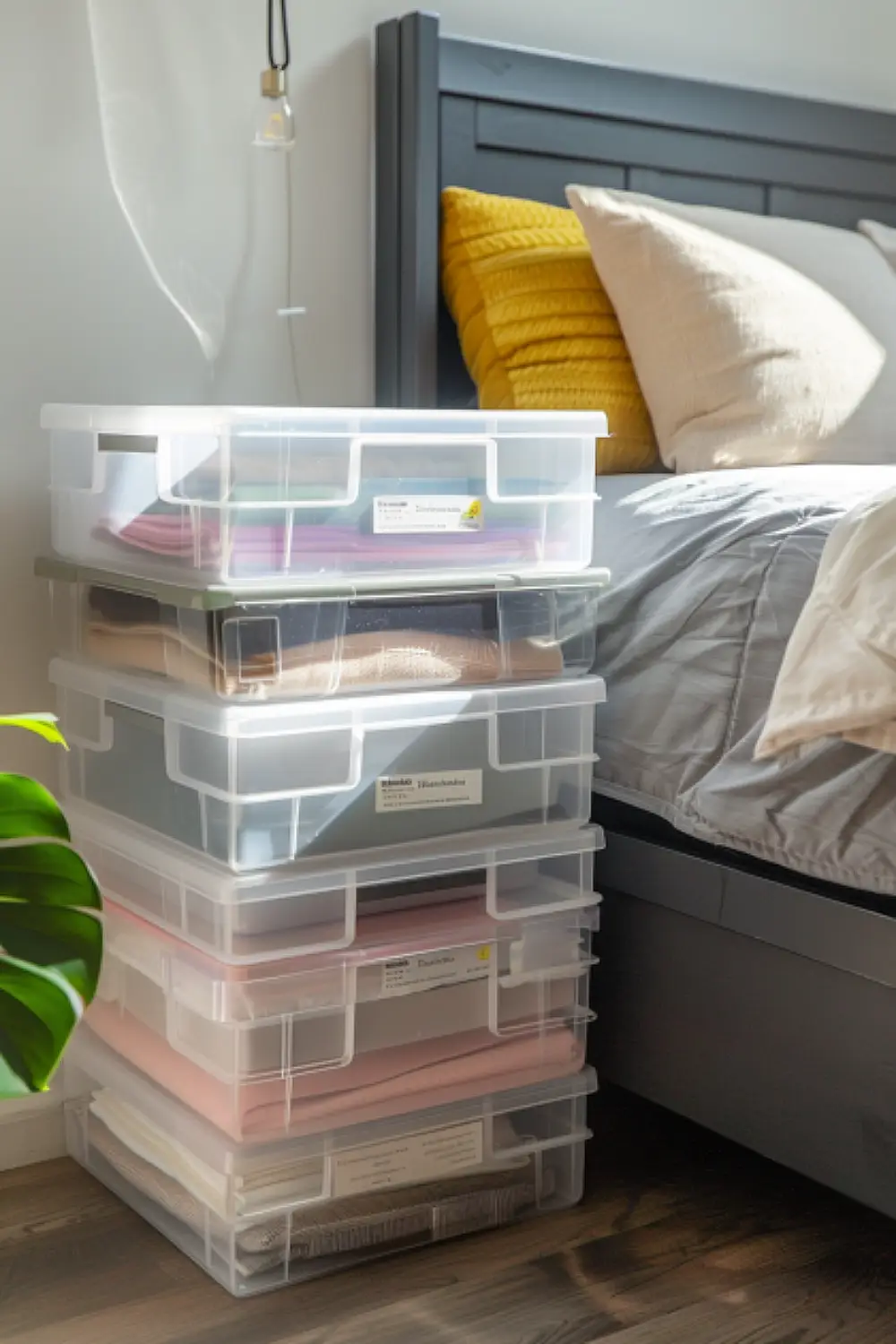 Bedroom with stackable plastic bins